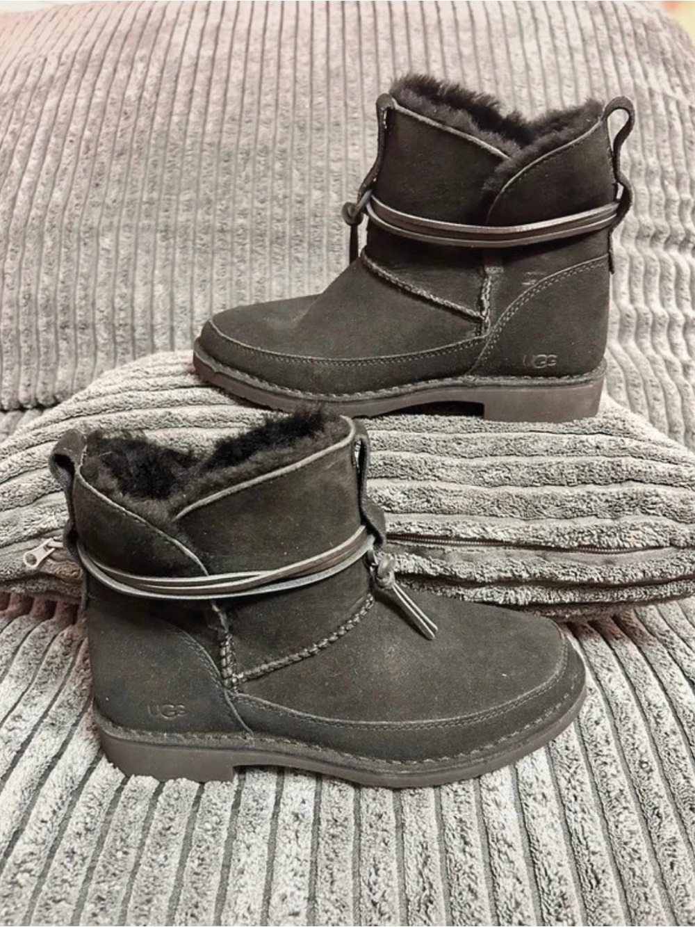 UGG Black Suede Fur-Lined Ankle Boots with Wrap Strap